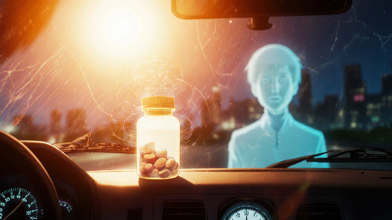 A pill bottle melting in heat on a hot car dashboard with distorted pills inside.