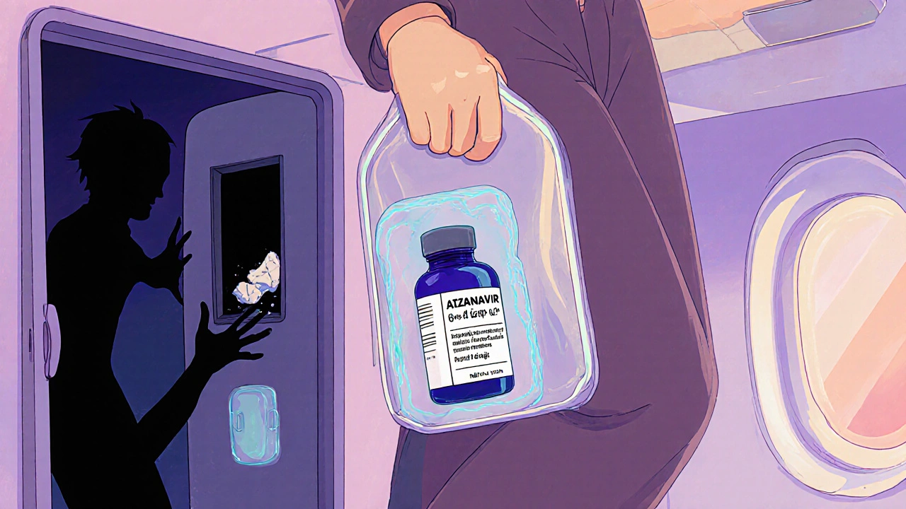 A traveler carrying atazanavir in an insulated pouch while boarding a plane.