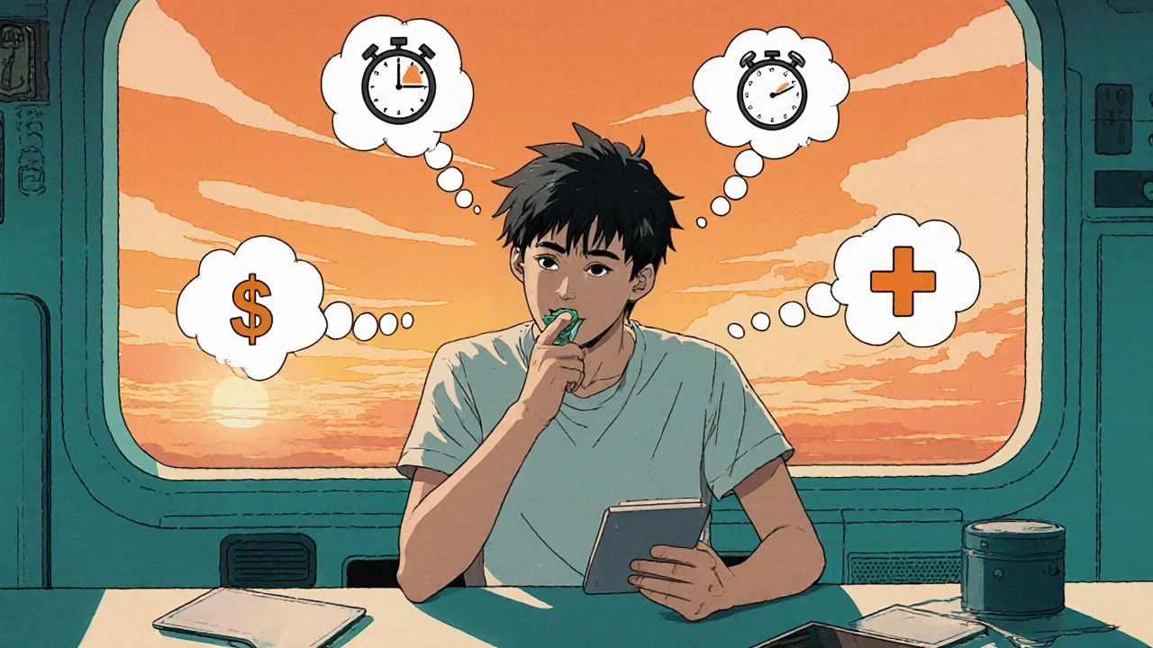 A young man at a desk with floating icons showing onset, duration, cost, and safety, holding a soft‑gel capsule.