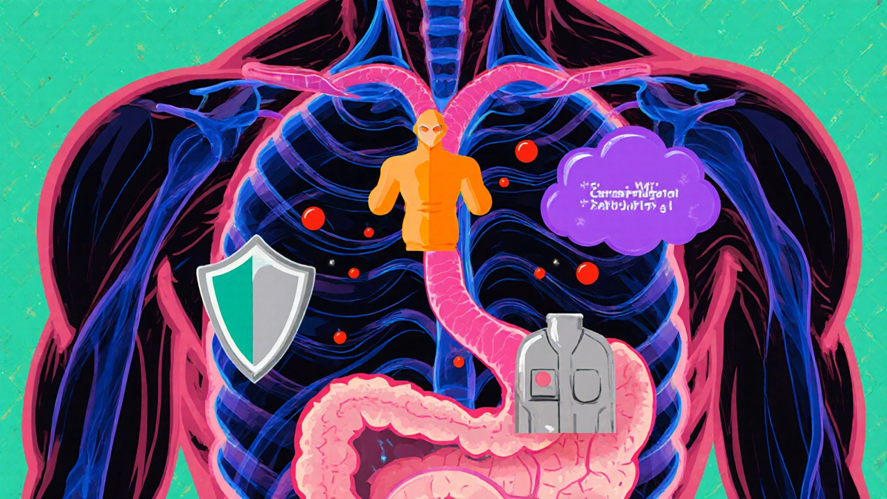 Animated molecules show how the drug works inside the body.