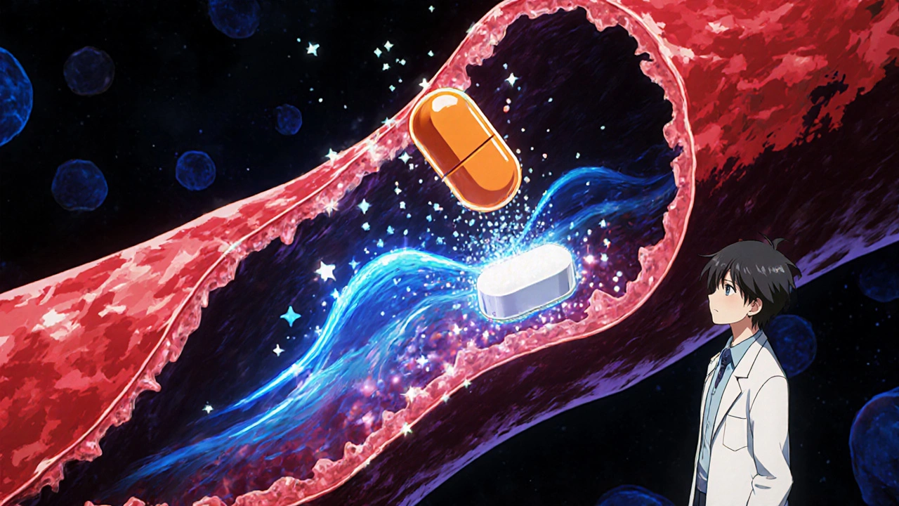 Animated view of a blood vessel with glowing wave and dissolving sildenafil tablet.