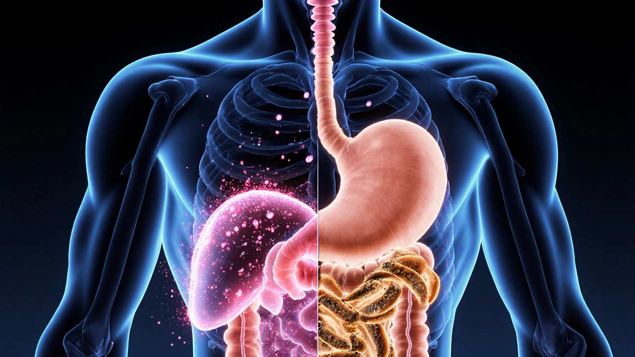 Animated view of pancreas and stomach showing medication effects.