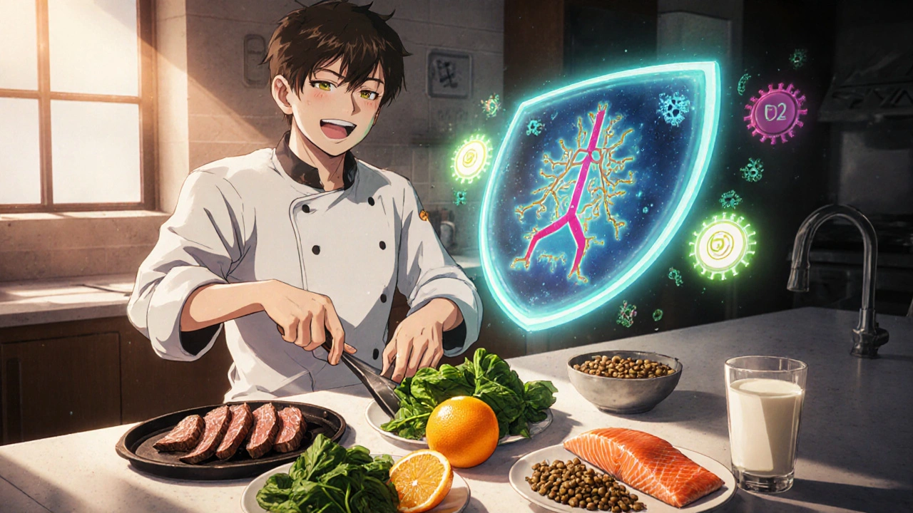 Anime chef preparing a colorful meal with iron, B12, and folate foods, creating a protective immune shield.