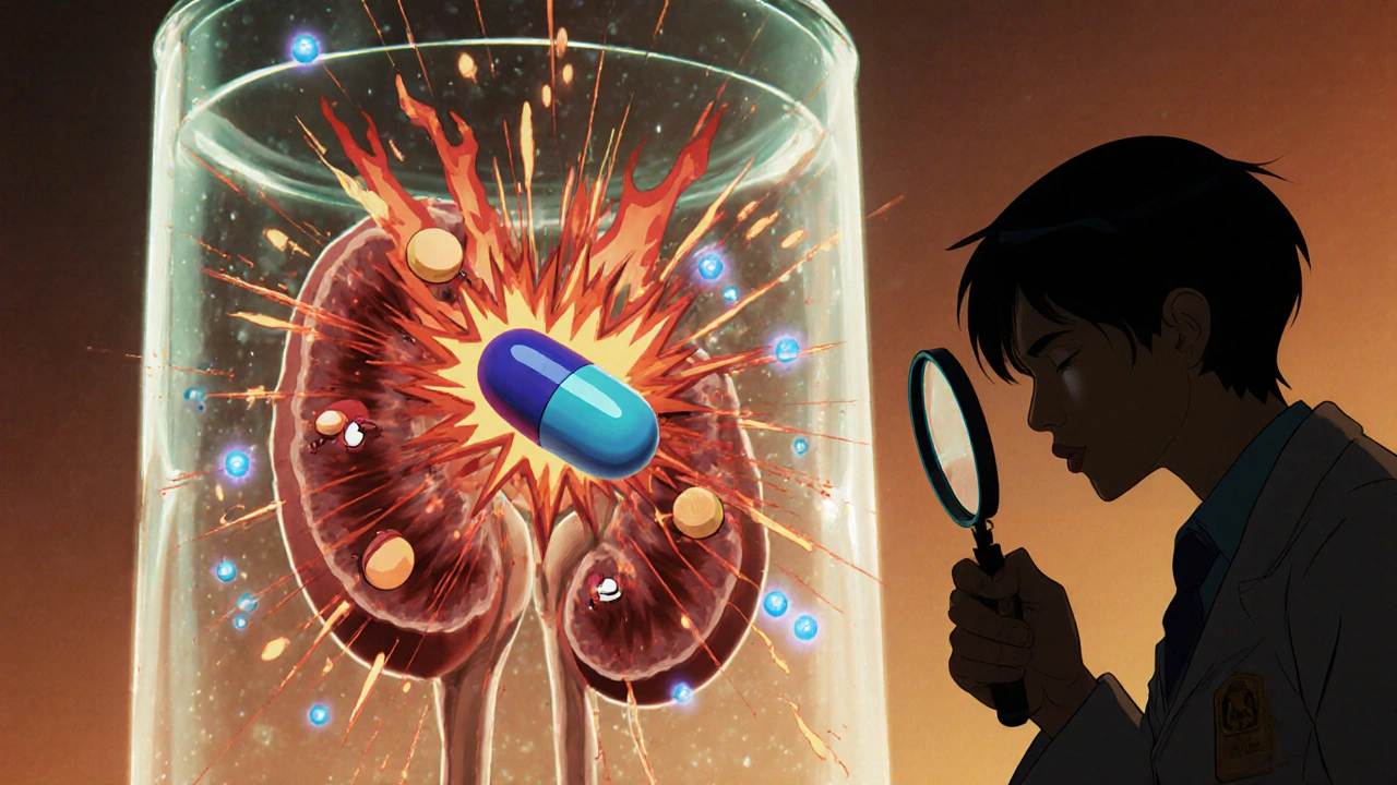 Anime depiction of NSAID and HCTZ pills causing kidney stress with glowing ions.