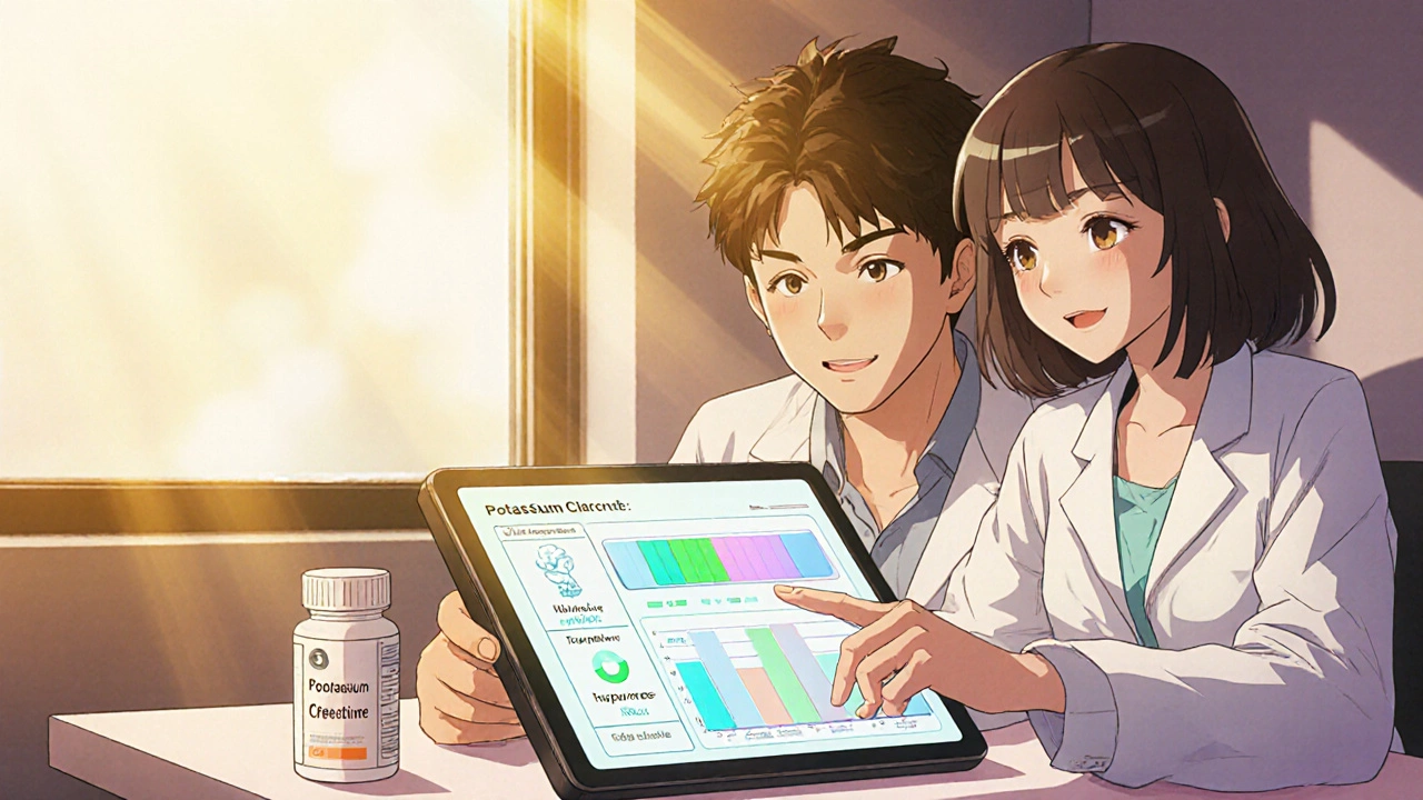 Anime doctor and patient reviewing lab results with potassium supplement and HCTZ.
