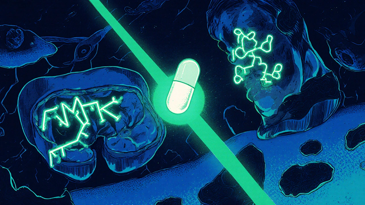 Anime illustration of liver and muscle cells with glowing pathways showing metformin’s action.