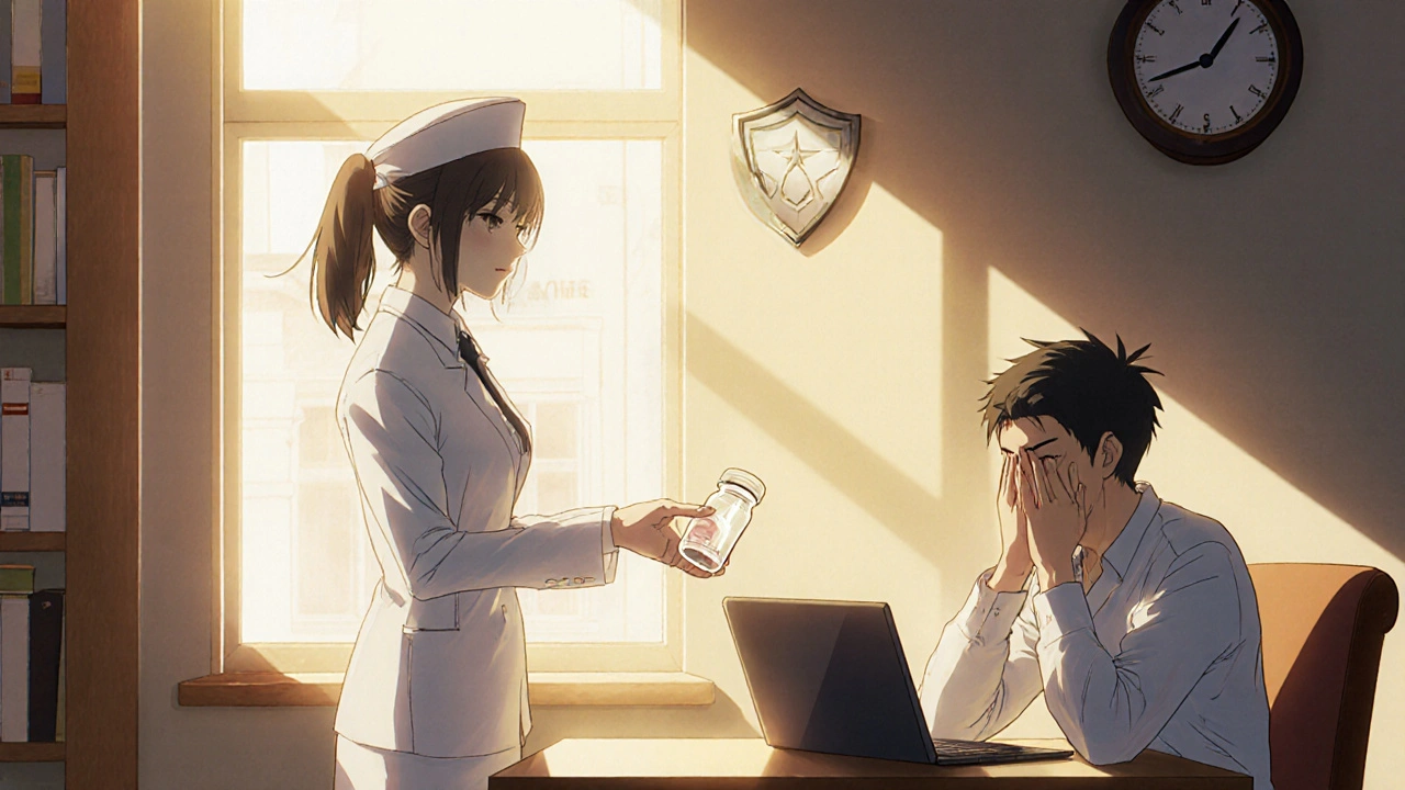 Anime pharmacy assistant gives sealed pill bottle to customer at laptop, shield symbol overhead.