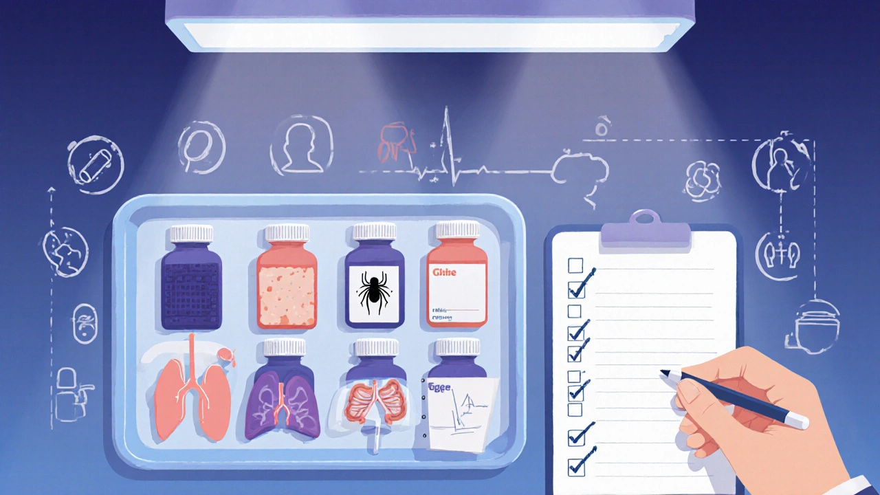 Array of colored antibiotic bottles with icons representing different infection types.