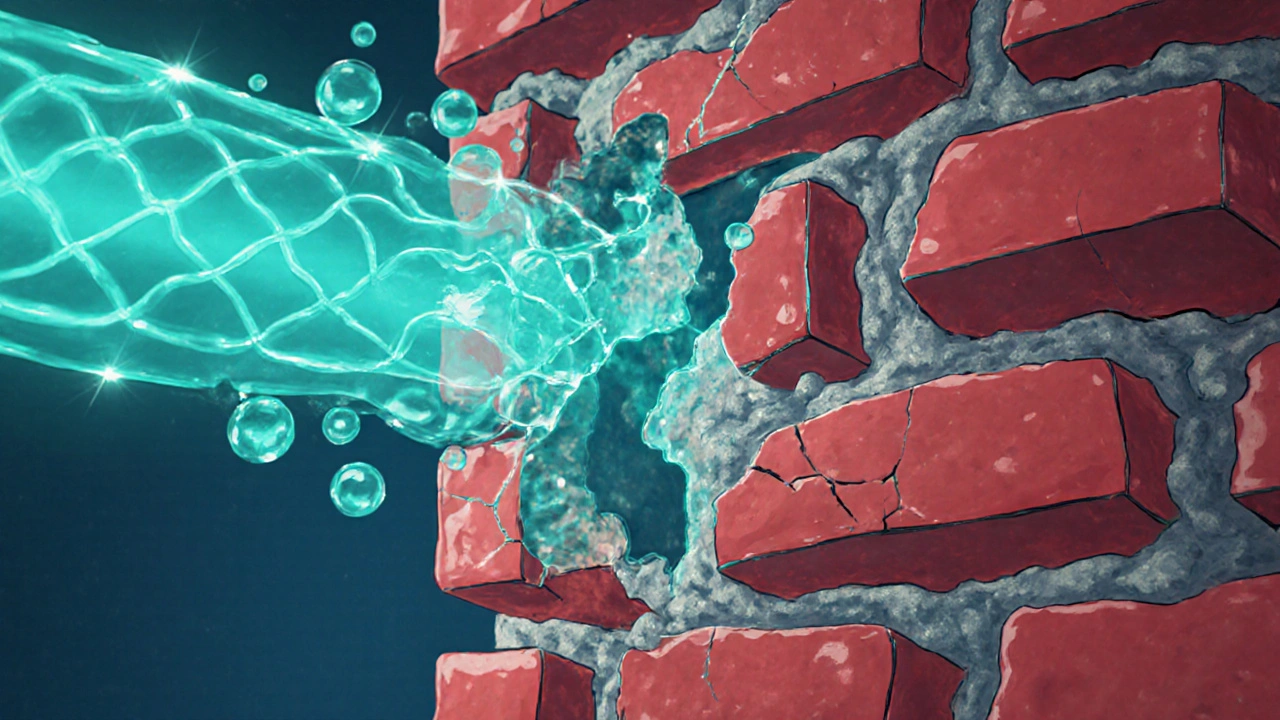 Bacterial cell wall shown as brick wall breaking as cephalexin blocks mortar.