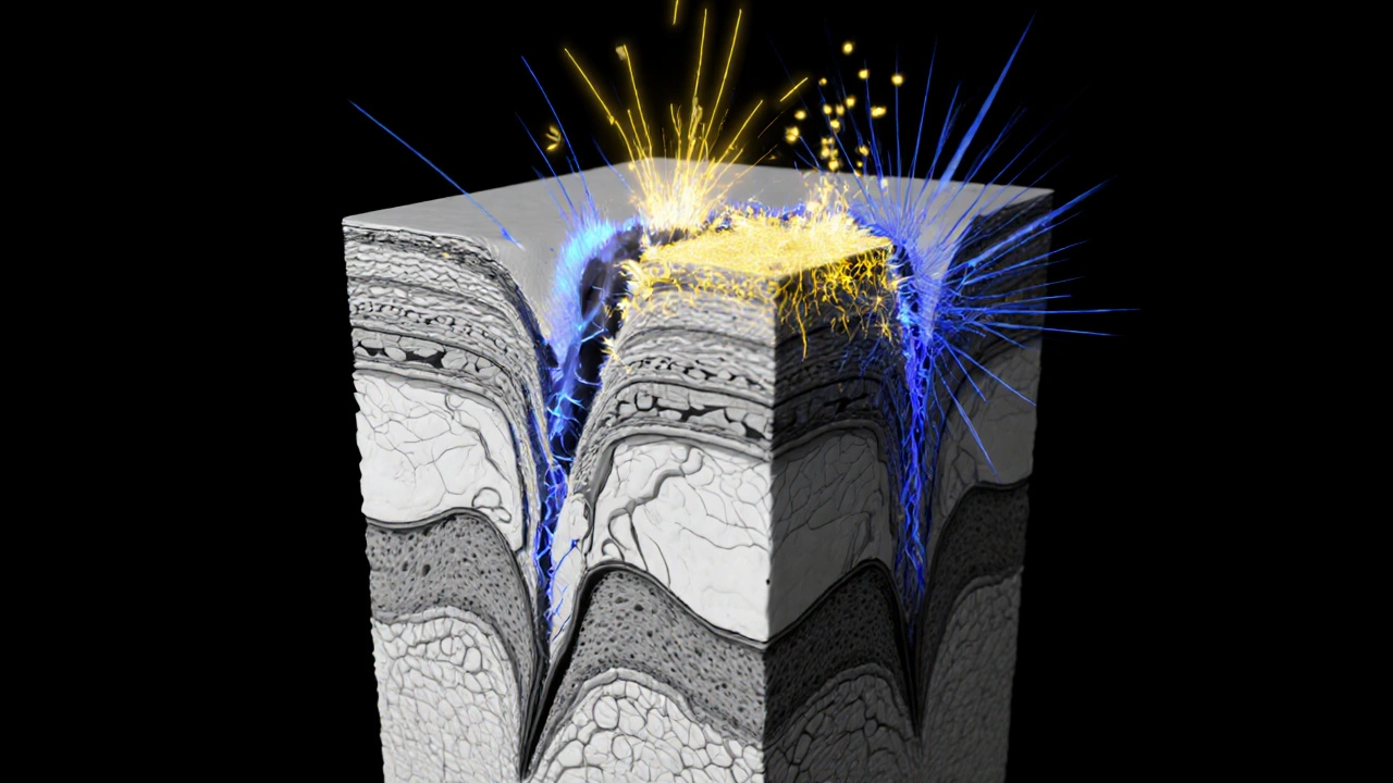 Diagram of UVA and UVB rays penetrating skin, showing collagen loss and DNA damage.