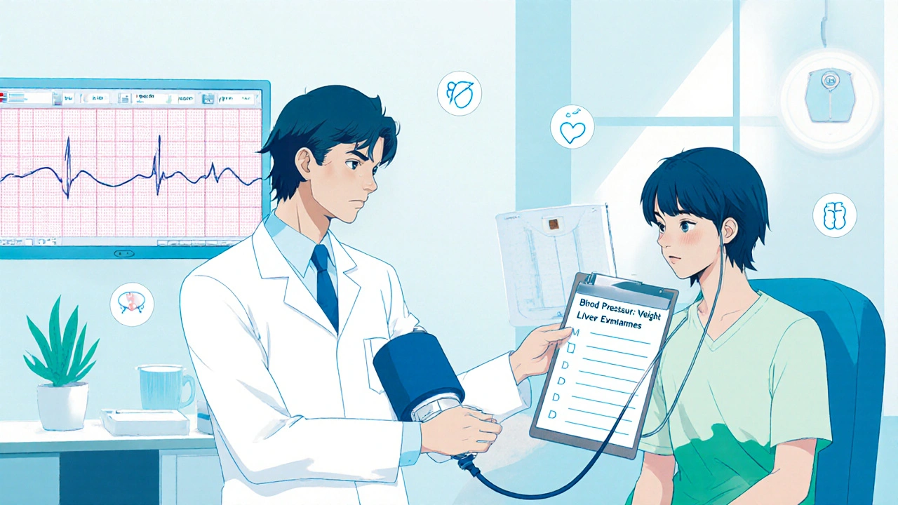 Doctor checking blood pressure and vitals in a bright retro‑anime clinic.