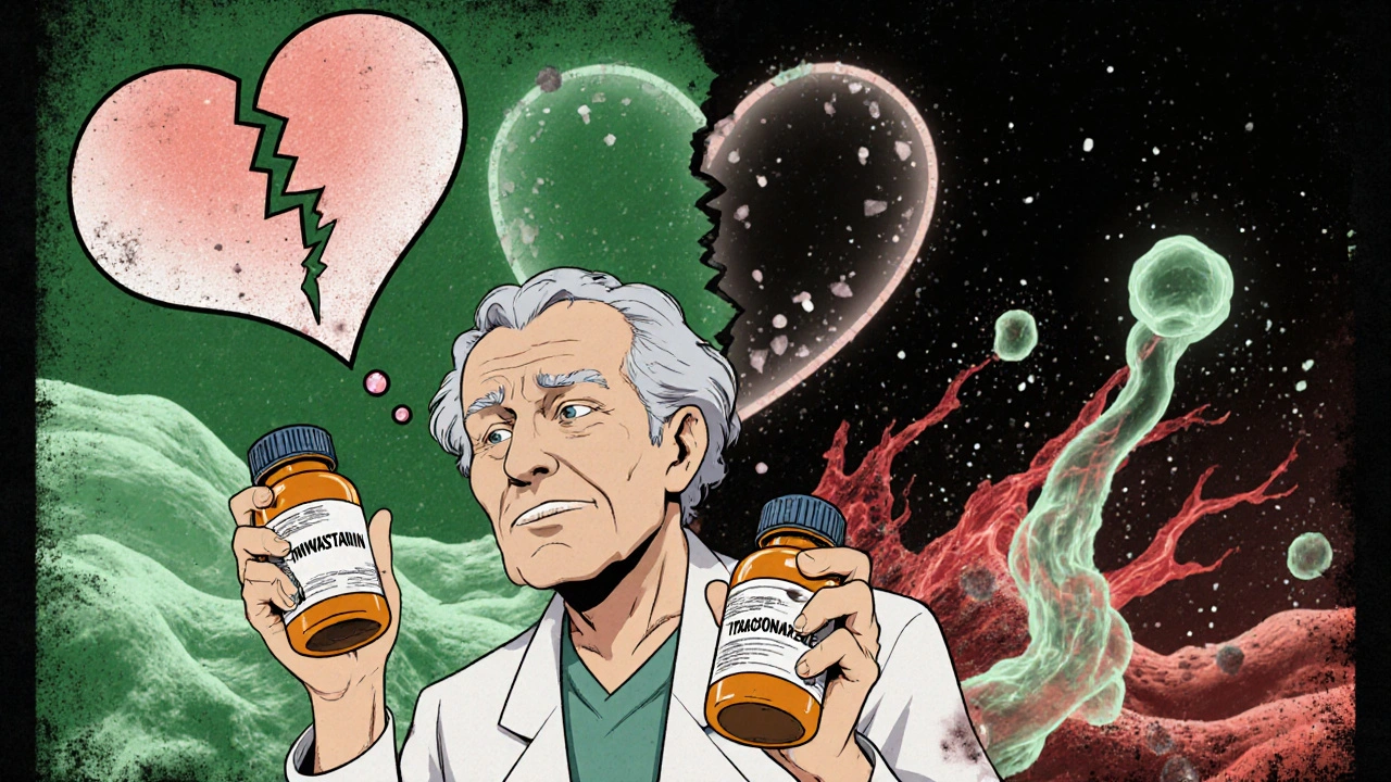 Elderly patient surrounded by crumbling muscle fibers as dangerous pills loom overhead in vintage anime style.