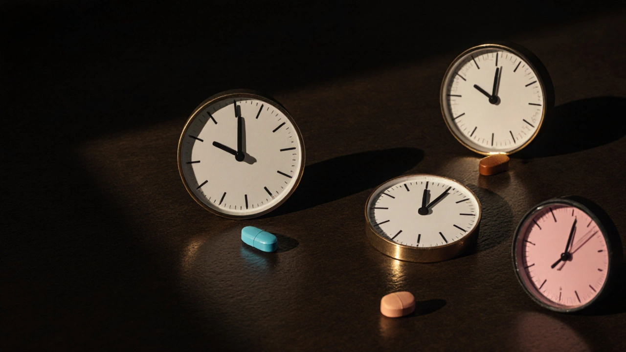 Elegant still life showing various ED pills arranged with clocks indicating different onset times.