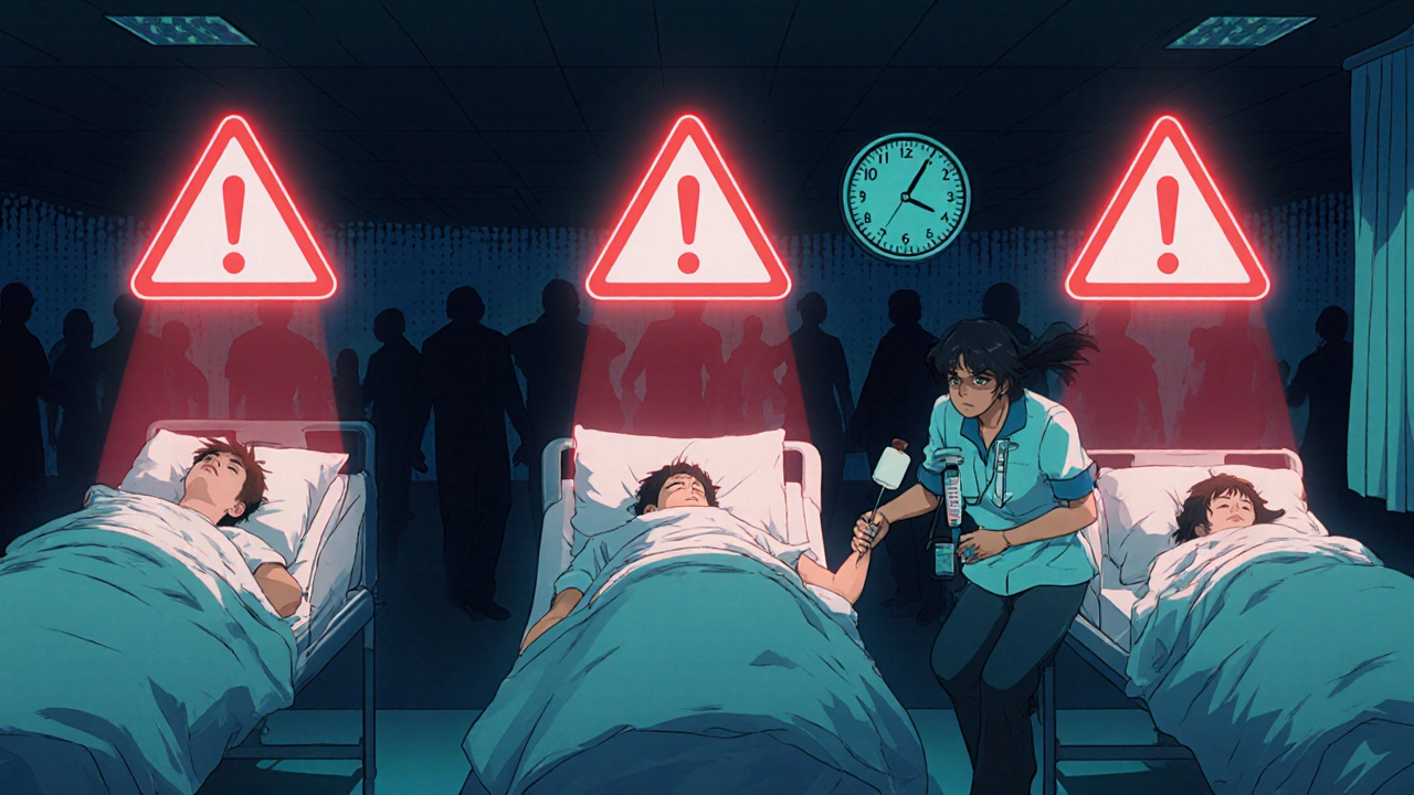 Emergency room with patients and glowing warning symbols, nurse rushing with naloxone.