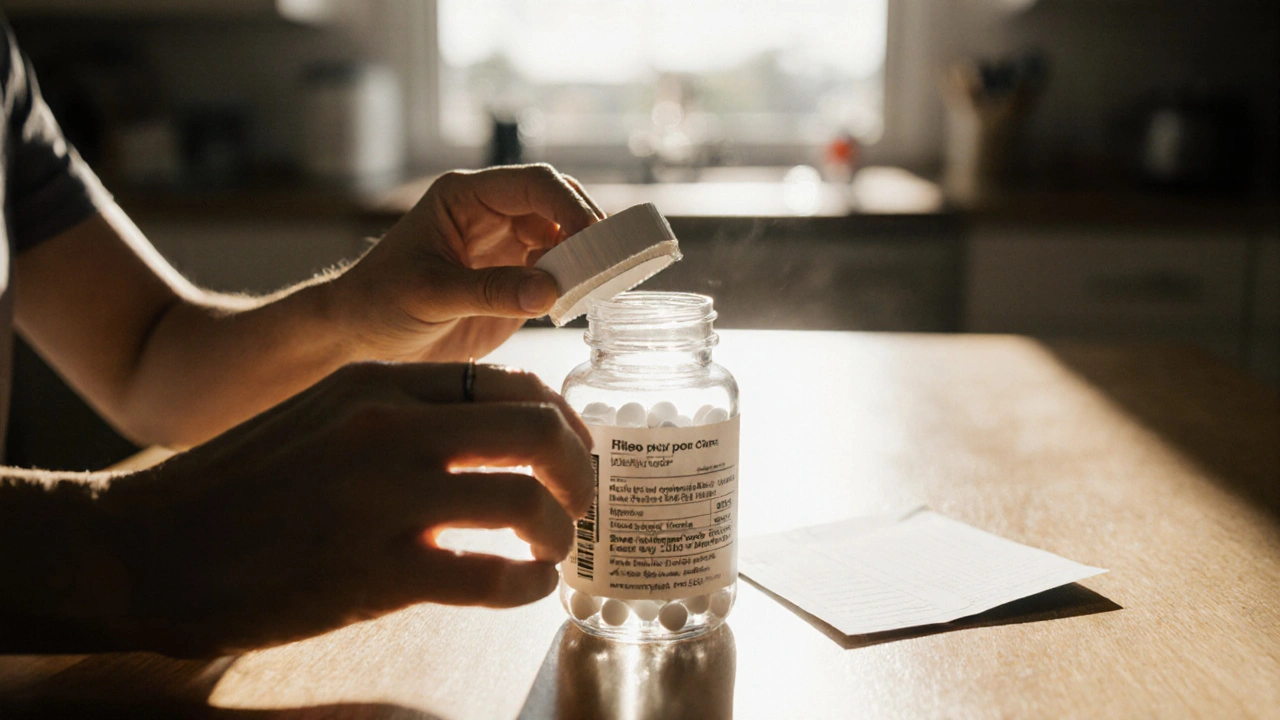 Hands opening a delivery box and inspecting a bottle of tablets.