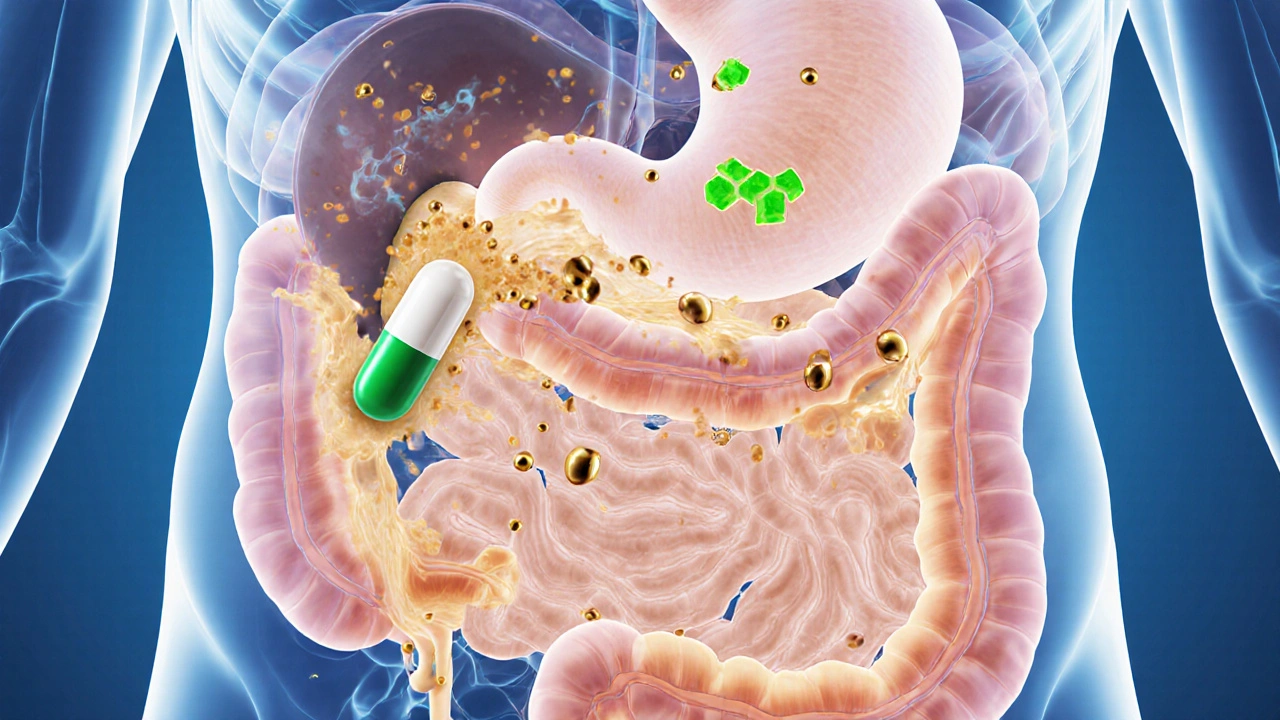 Illustrated gut showing Orlistat capsule blocking fat digestion.