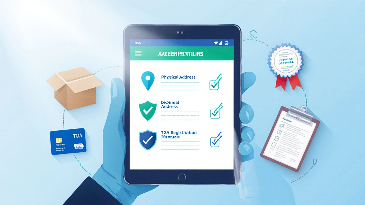 Illustration of a tablet showing a pharmacy verification checklist with security icons.