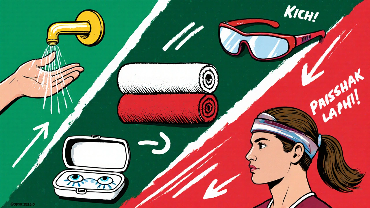 Illustration of an athlete performing hygiene steps: washing hands, disinfecting goggles, using a towel and headband.