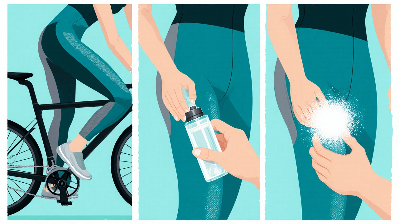 Illustration of athlete using antiperspirant, powder, and moisture‑wicking leggings.