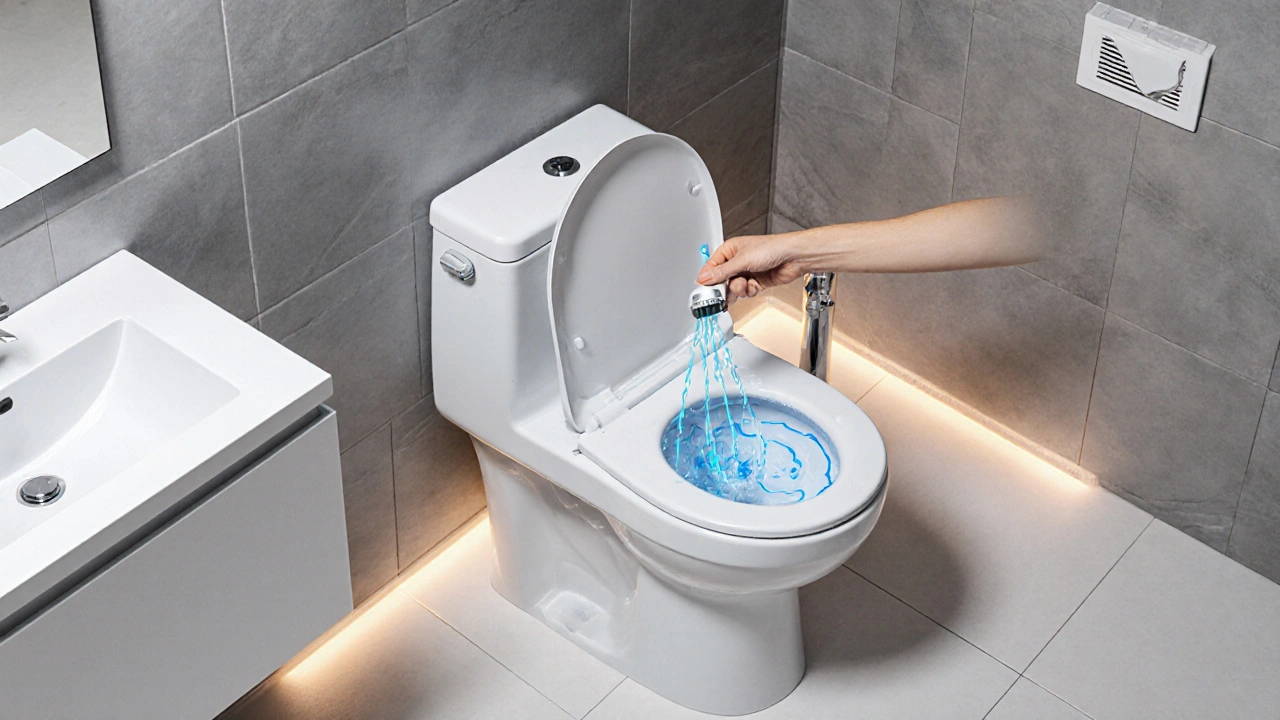 Isometric illustration of a bidet with temperature control installed beside a toilet.