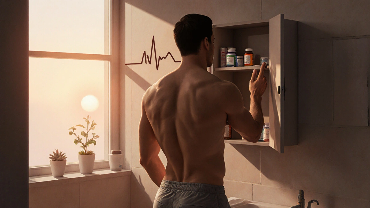 Man in bathroom reaching for a pill bottle, reflecting a decision about medication.