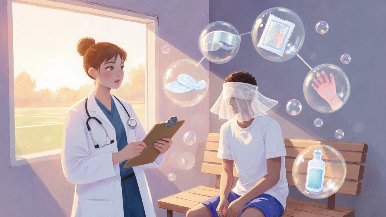 Pastel‑style scene of a clinician and athlete with floating hygiene icons representing a recovery checklist.