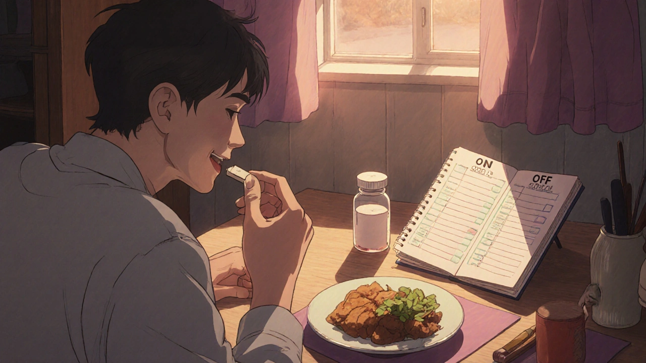 Patient takes tablet with a meal and writes in a medication diary.
