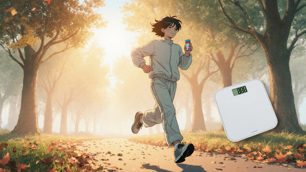 Person jogging outdoors with a pill bottle, indicating modest weight loss.