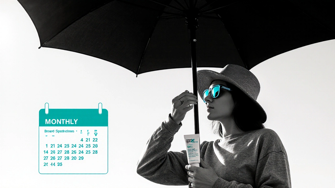 Person using sunscreen, wearing protective clothing and hat, with shade and skin‑check reminder.