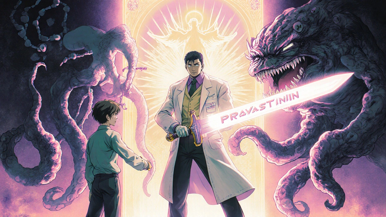 Pharmacist fighting a CYP3A4 monster with safe statin sword, saving patient in retro manga style.