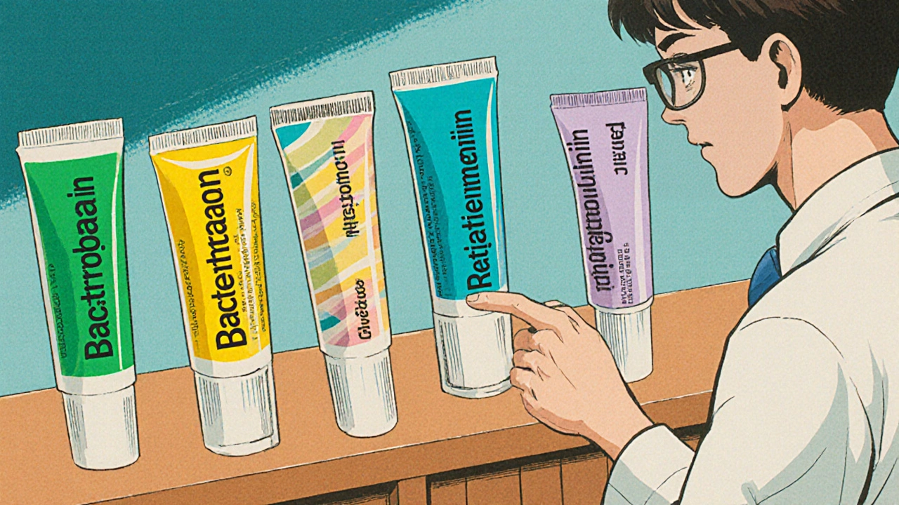 Pharmacy counter displaying various antibiotic ointment tubes with a pharmacist advising a customer.