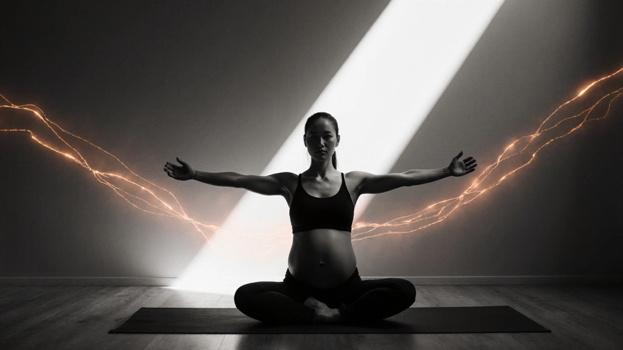 Pregnant woman doing yoga, surrounded by subtle hormone glows.