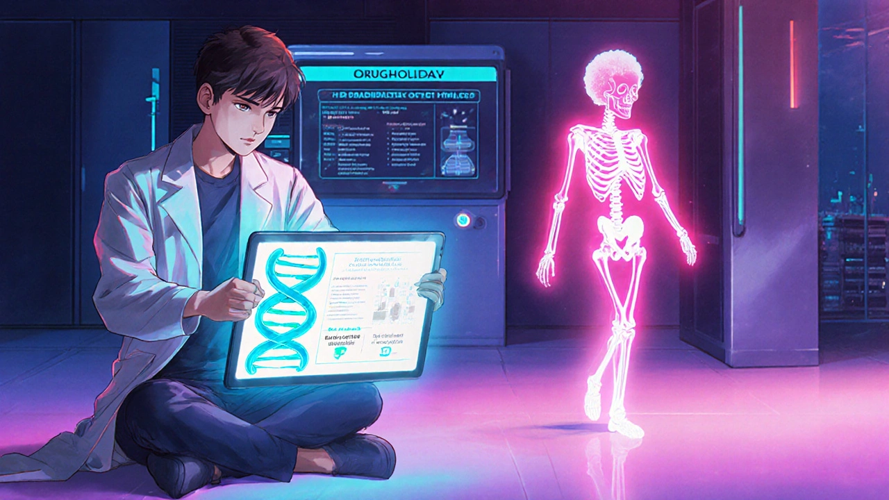 Retro anime futuristic image of a researcher with DNA markers and a patient with glowing bones.