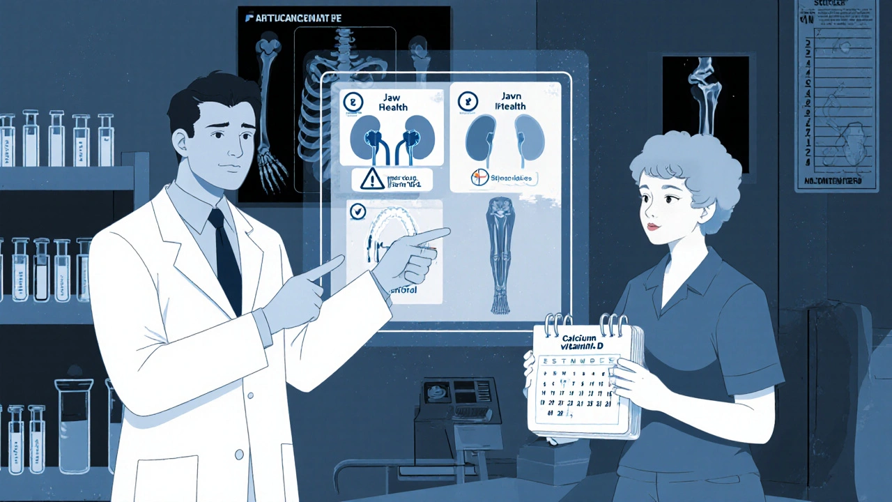 Retro anime panel of a doctor explaining kidney, jaw, and femur risks to a patient.