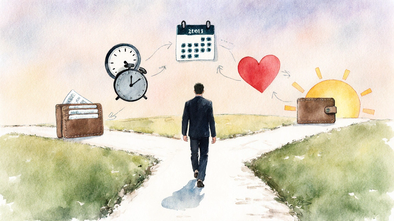 Silhouette of a man choosing a path with icons for speed, duration, cost, health, and nature.