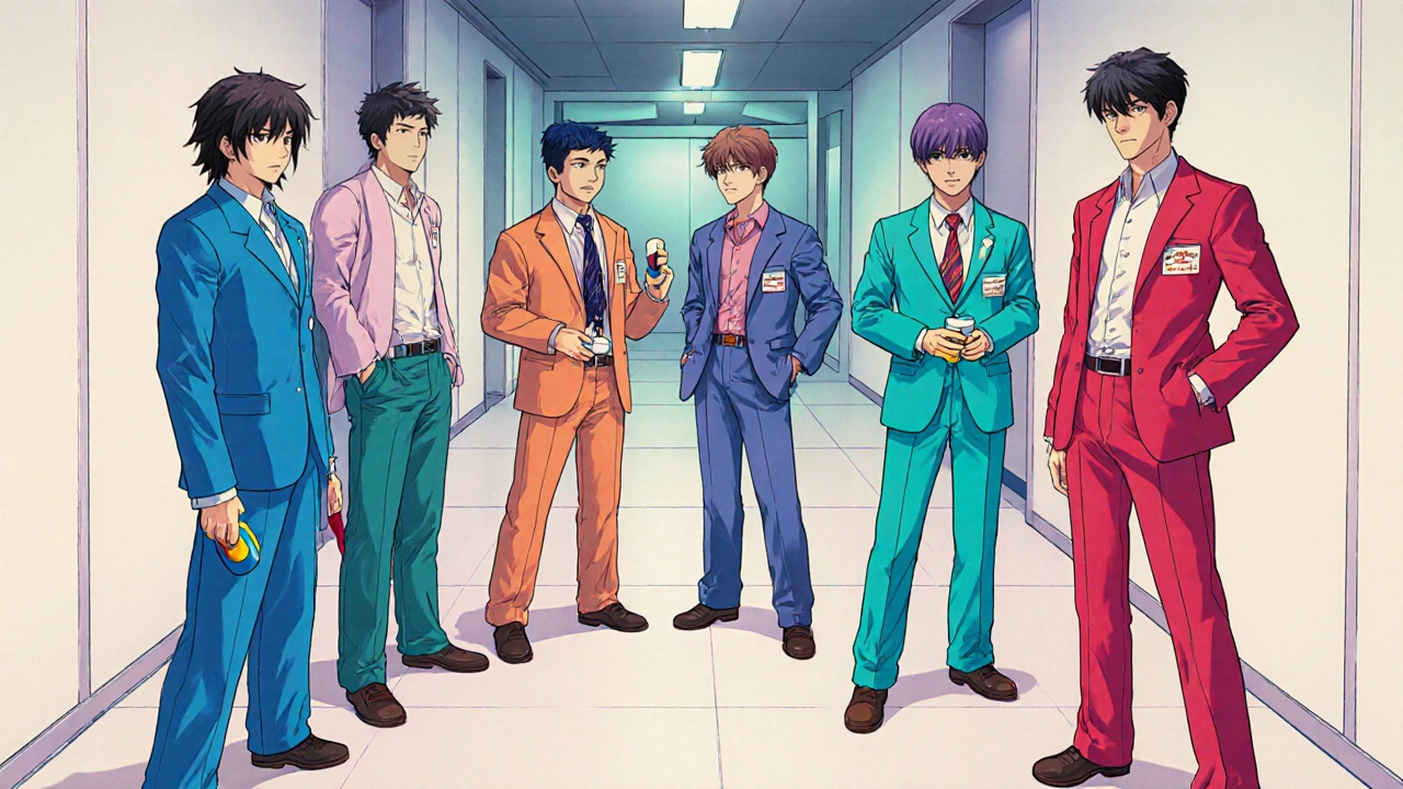 Six anime characters, each representing a different ED medication, standing together in a clinic hallway.
