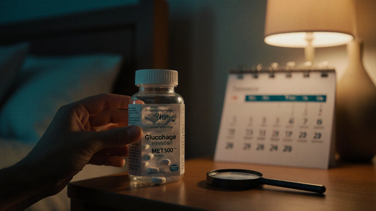 Someone inspecting a bottle of generic Glucophage tablets on a nightstand at dusk.