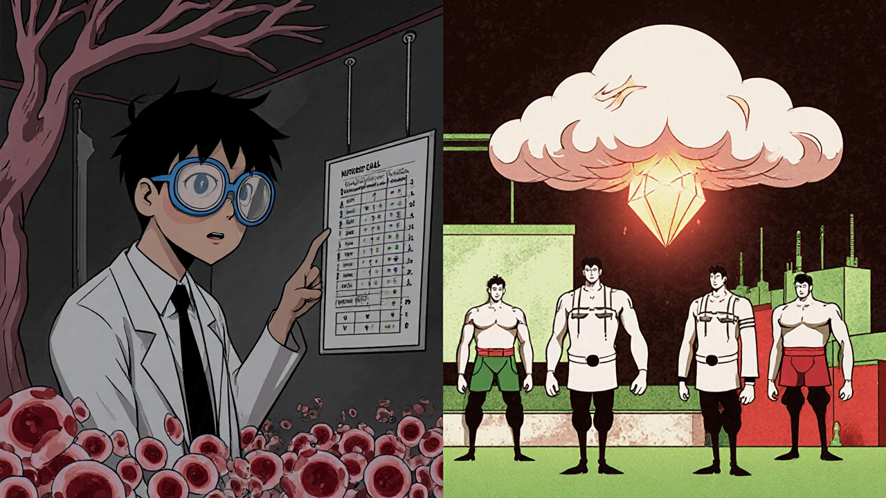 Split-scene anime showing bone marrow with iron deficiency and a B12/folate cell factory, weak immune cells facing a virus.