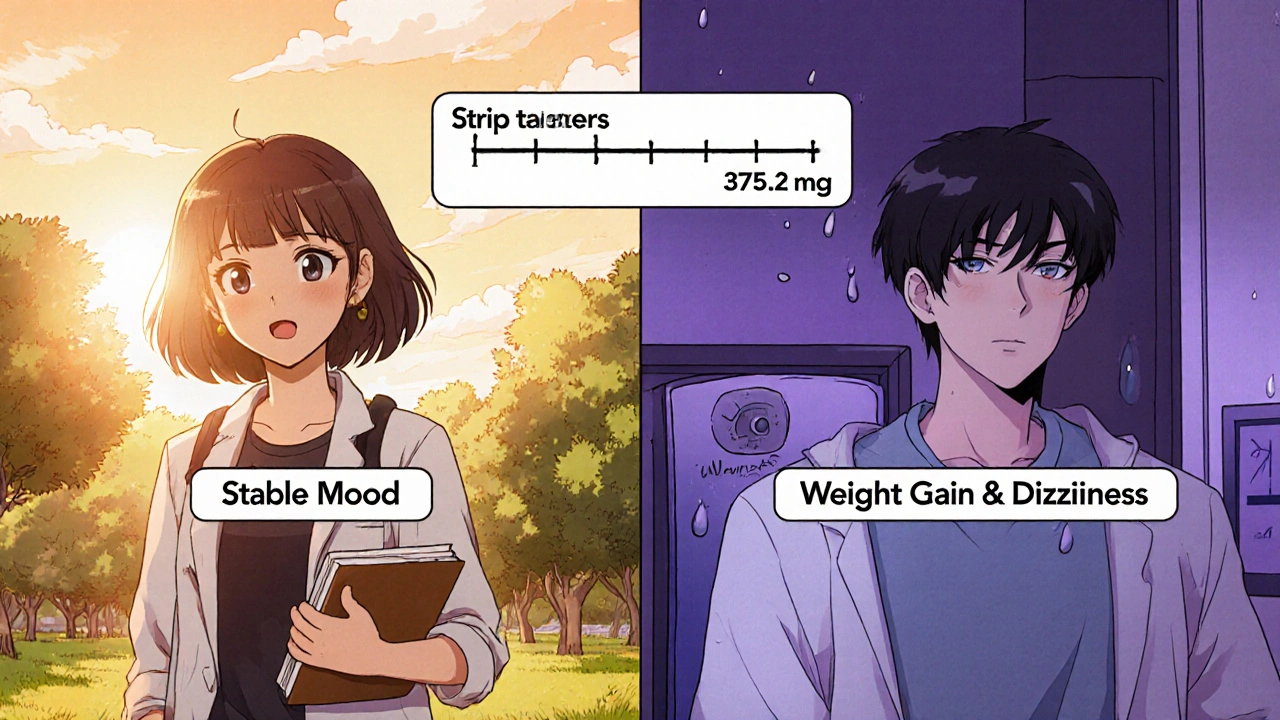Split scene of two patients: one happy with stable mood, the other concerned with side effects.