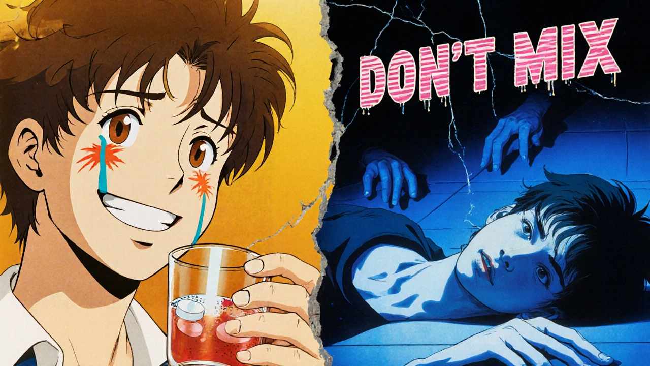 Split scene: person smiling with pills and drink, then lifeless on floor with warning sign.