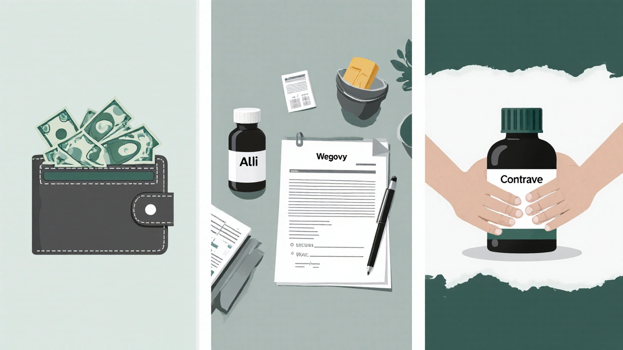 Three panels: budget Alli, doctor with Wegovy, person with GI‑sensitive option.