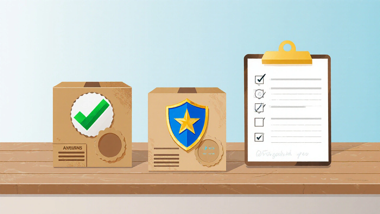 Three pharmacy boxes with verification seals displayed on a table.