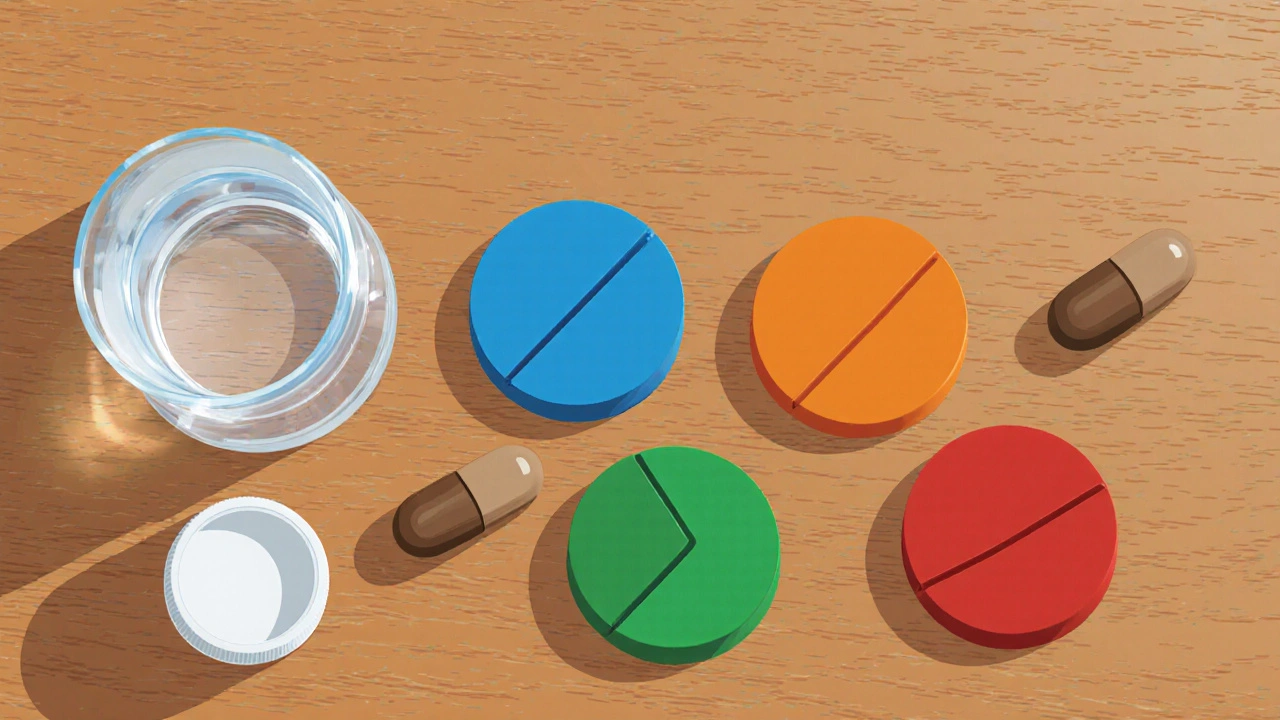 Top view of assorted colored tablets and capsules on a wooden table with water glass.