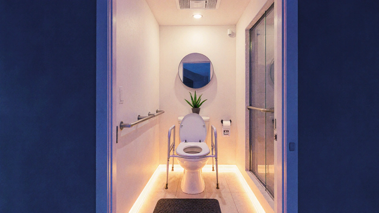 Watercolor of a night‑time bathroom with grab bars, soft lighting, and non‑slip mat.