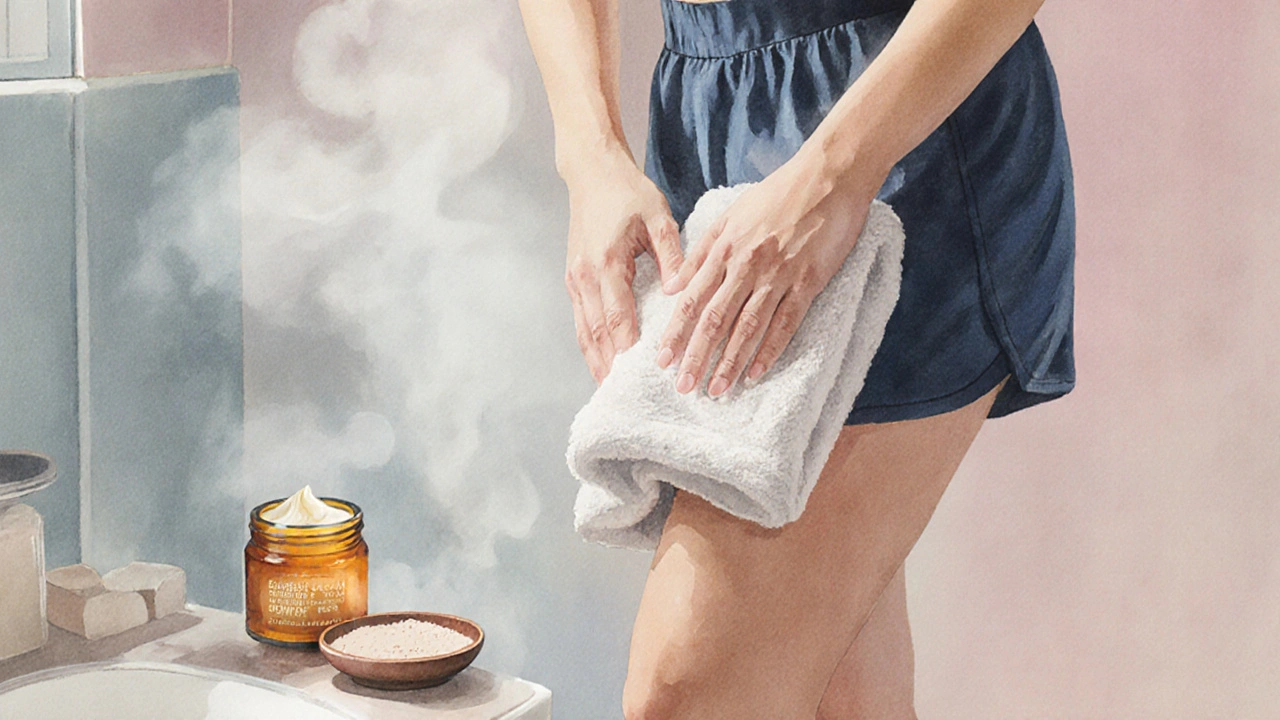 Watercolor of person showering, patting dry, then applying barrier cream and fresh shorts.