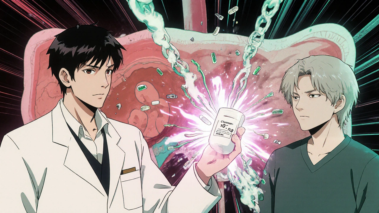 A doctor holding a C-peptide result as ketones and insulin chains break apart in stormy animation.