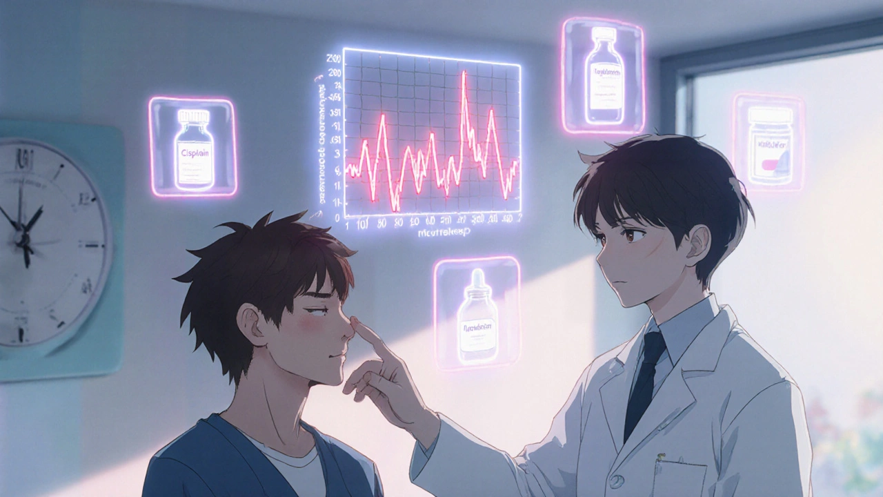 A doctor views a holographic hearing test while floating drug icons appear around a patient, in a clinical anime setting.