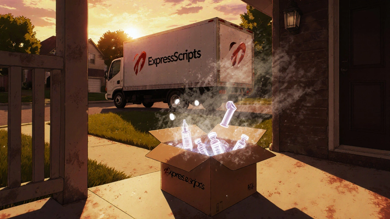 A mail-order medication package left on a hot porch, heat distorting insulin vials inside.