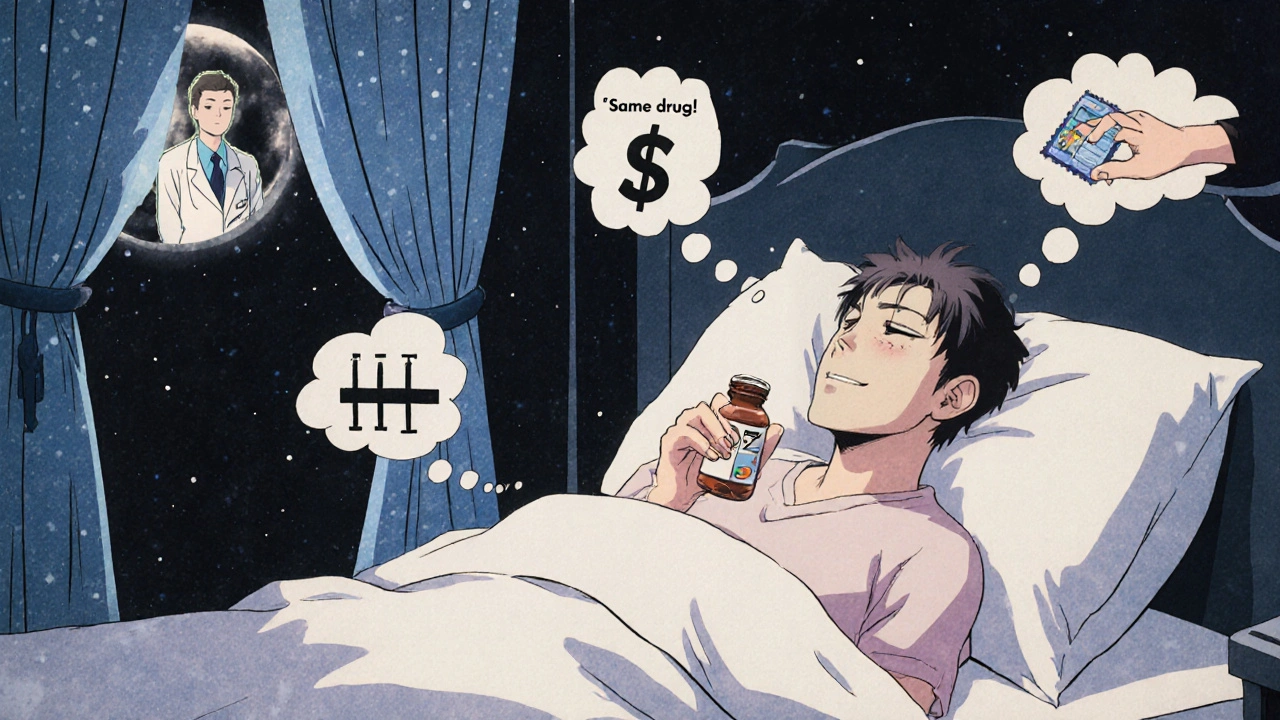 A patient lies in bed holding an empty pill bottle, surrounded by thought bubbles about drug costs.