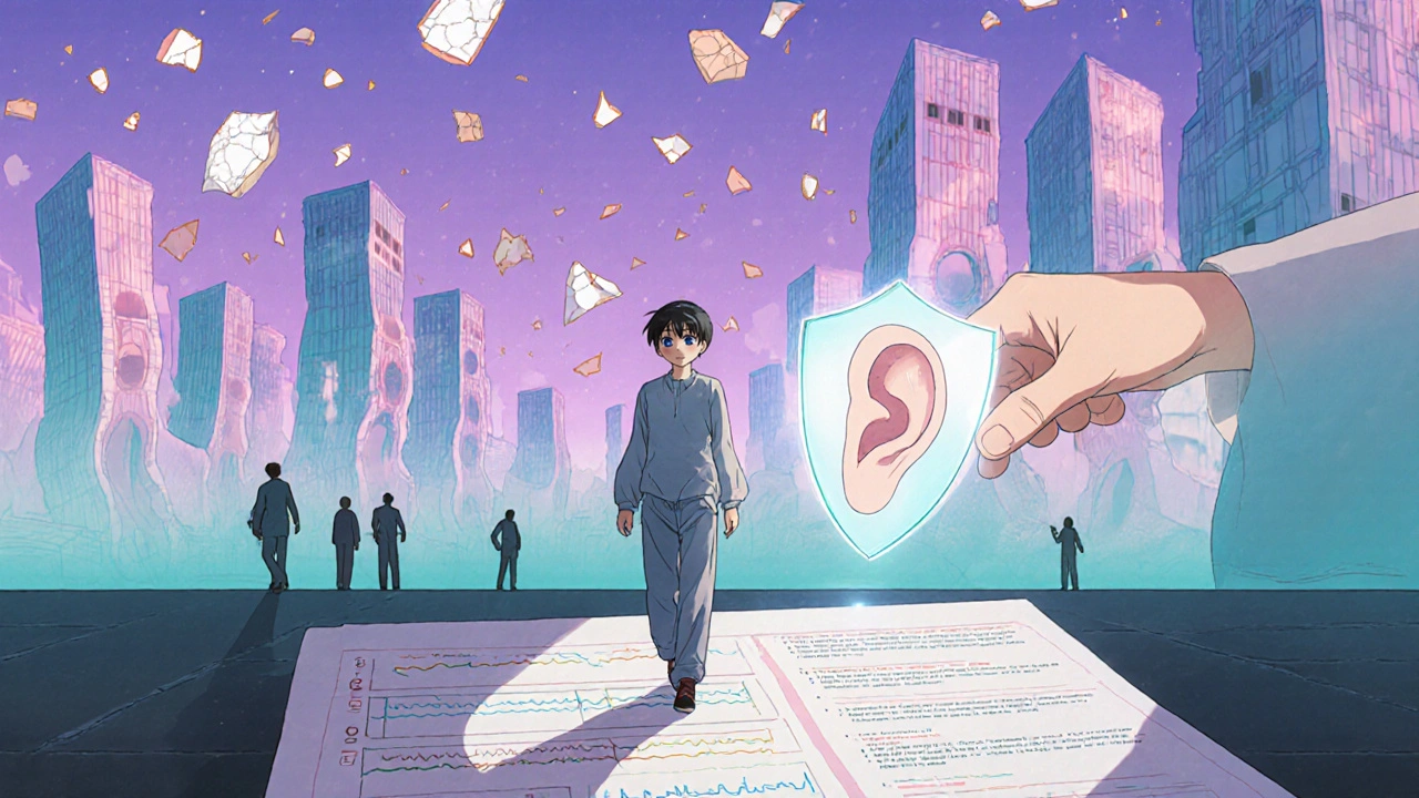 A person walks through a surreal city of ear-shaped buildings, with sound waves in the sky and a protective cochlea shield in hand.